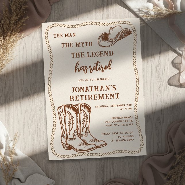 Modern Western Rustic Cowboy Boots Retirement Invitation (Creator Uploaded)