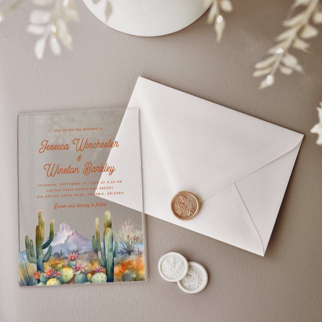Modern Western Terracotta Desert Cactus Landscape  Acrylic Invitations (Creator Uploaded)