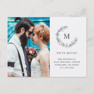 Modern We've Moved Photo Botanical Monogram  Announcement Postcard