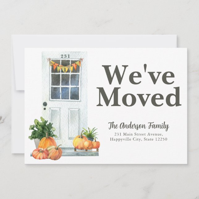 Modern We've Moved White Door Pumpkin Fall Moving Announcement (Front)