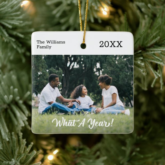 Modern What A Year Custom Photo Christmas Ceramic Ornament (Tree)
