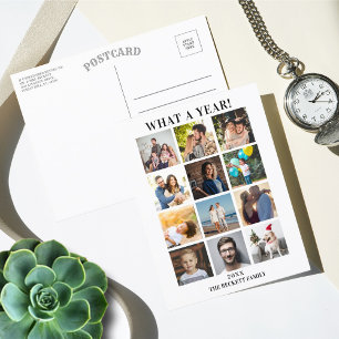 Modern What A Year In Review 12 Photo Collage Holiday Postcard