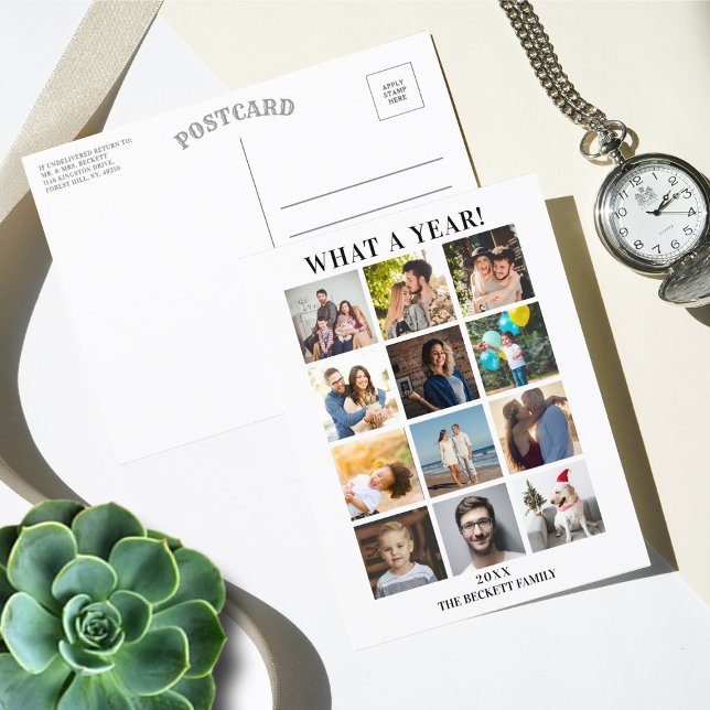 Modern What A Year In Review 12 Photo Collage Holiday Postcard (Creator Uploaded)