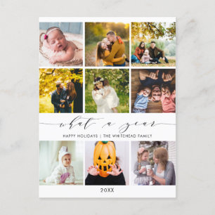 Modern What a Year White Photo Collage Holiday Postcard
