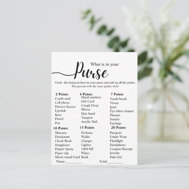 Modern What is your purse bridal shower party game Postcard (Standing Front)
