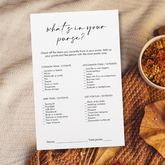 Modern What's in Your Purse Bridal Shower Game (modern minimalist black and white "what's in your purse?" bridal shower game)