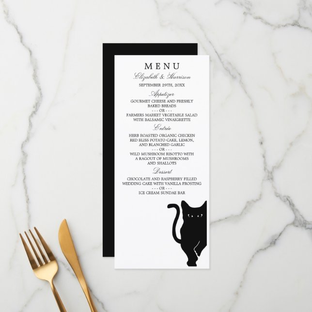 Modern Whimsical Black Cat Wedding Menu (Front/Back In Situ)