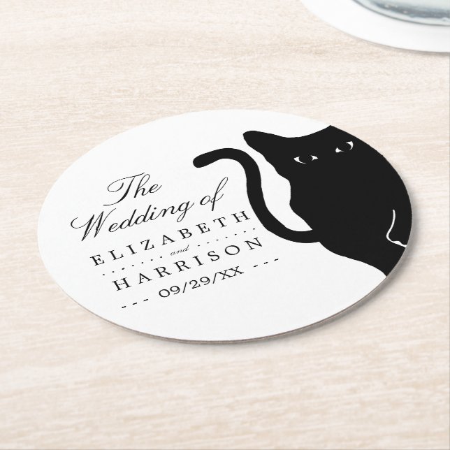 Modern Whimsical Black Cat Wedding Round Paper Coaster (Angled)