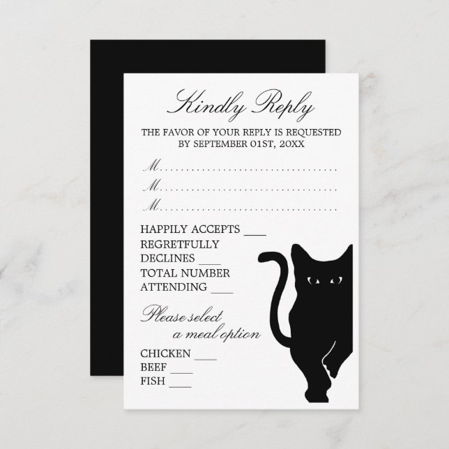Modern Whimsical Black Cat Wedding RSVP Card (Front/Back)