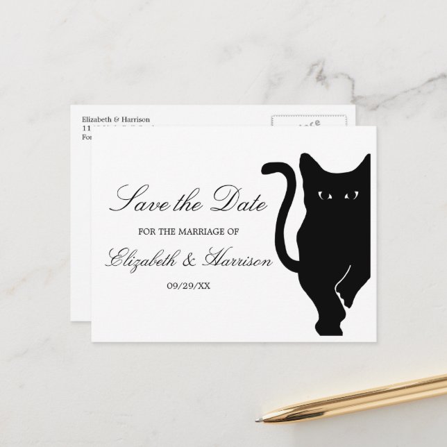 Modern Whimsical Black Cat Wedding Save The Date Announcement Postcard (Front/Back In Situ)