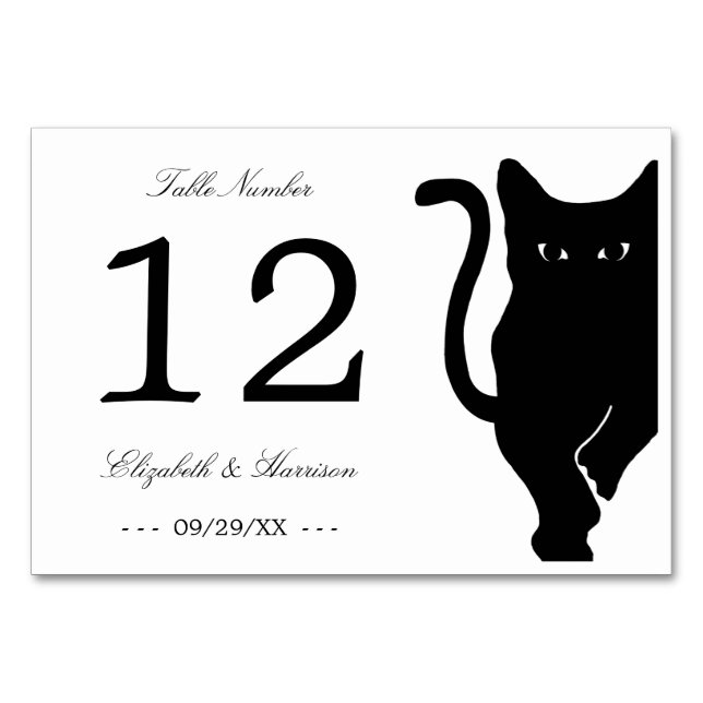 Modern Whimsical Black Cat Wedding Table Number (Front)
