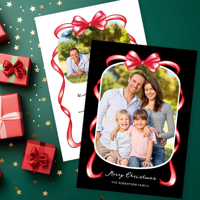 Modern Whimsical Bow Curved 2 Photo Christmas Holiday Card (Creator Uploaded)
