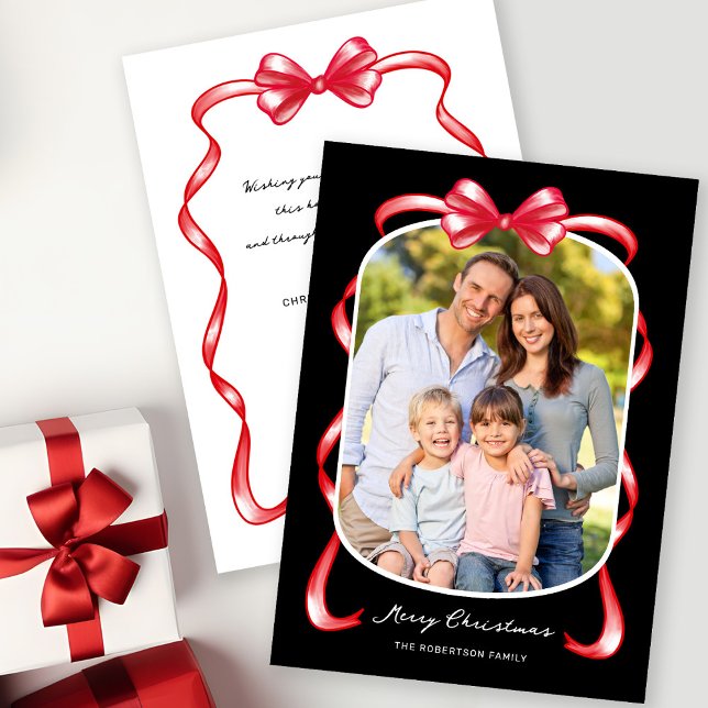 Modern Whimsical Bow Curved Photo Christmas Holiday Card (Creator Uploaded)