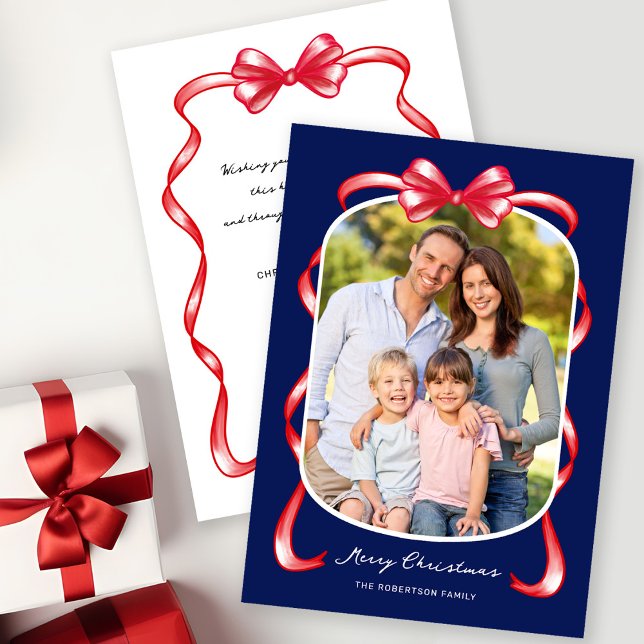 Modern Whimsical Bow Curved Photo Christmas Holiday Card (Creator Uploaded)