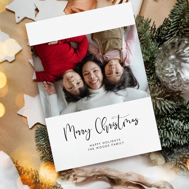 Modern whimsical calligraphy Merry Christmas photo Holiday Card (Creator Uploaded)