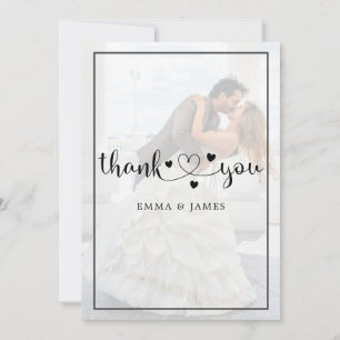 Modern Whimsical Calligraphy Overlay Photo Wedding Thank You Card