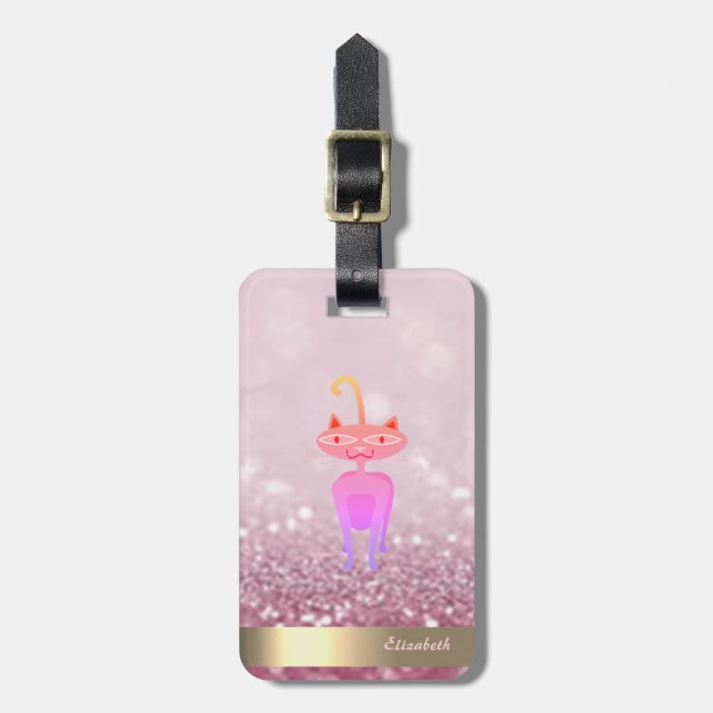Modern Whimsical Cat Glitter Bokeh - Personalised Luggage Tag (Front Vertical)