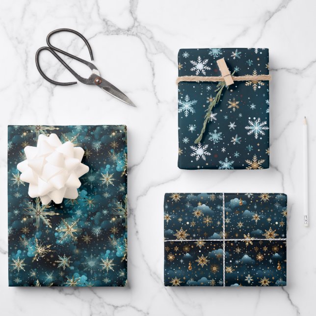 Modern Whimsical Christmas Navy Snowflakes Wrapping Paper Sheet (Front)