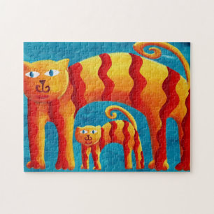 Modern Whimsical Colourful Curved Cat and Kitten  Jigsaw Puzzle