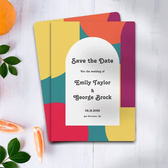 Modern Whimsical Colourful Groovy Abstract Wedding Save The Date (Creator Uploaded)