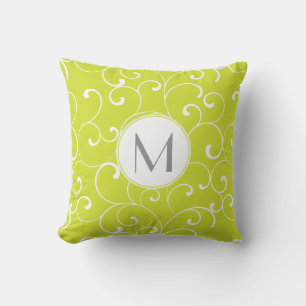 Modern Whimsical Curls Lime Green Mongram Cushion