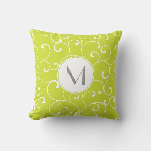 Modern Whimsical Curls Lime Green Mongram Cushion (Front)