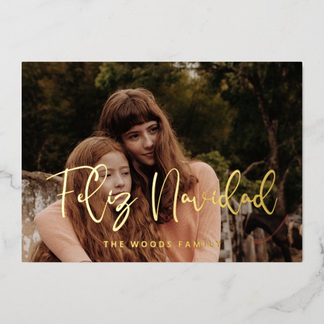 Modern Whimsical Feliz Navidad Photo Gold Foil Holiday Card (Front)