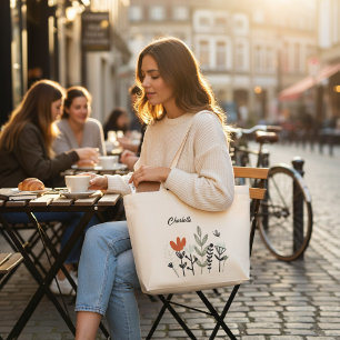 Modern Whimsical Floral Personalised Name Large Tote Bag
