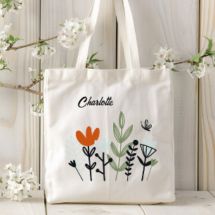 Modern Whimsical Floral Personalised Name Tote Bag