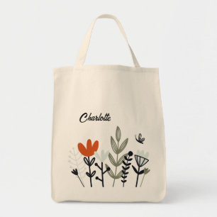 Modern Whimsical Floral Personalised Name Tote Bag