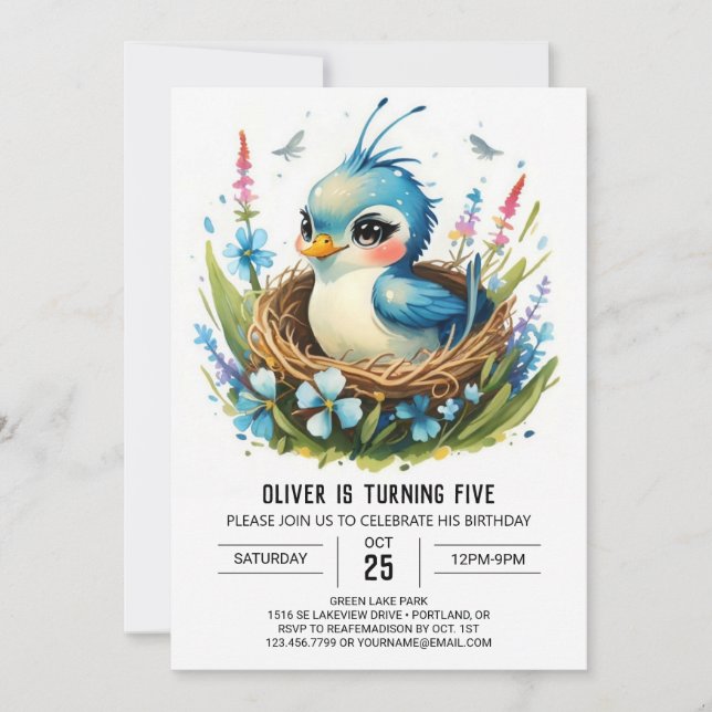 Modern Whimsical Forest Bird Birthday Invitation (Front)