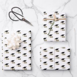 Modern Whimsical Gold Black Graduation Cap Wrapping Paper Sheet