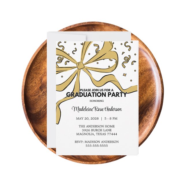 Modern Whimsical Gold Coquette Bow Graduation Invitation (Creator Uploaded)
