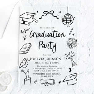 Modern Whimsical Hand Drawn Bow Graduation Party Acrylic Invitations