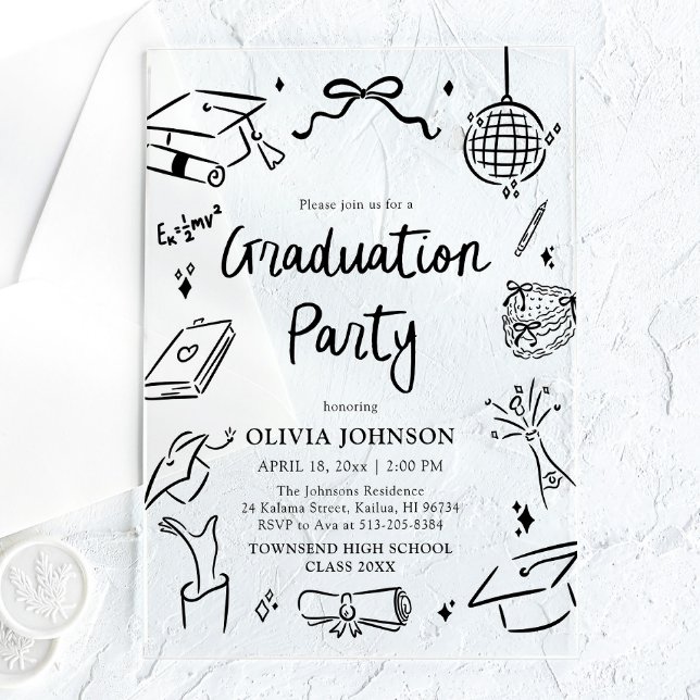 Modern Whimsical Hand Drawn Bow Graduation Party Acrylic Invitations (Modern Whimsical Hand Drawn Bow Graduation Party Acrylic Invitations)