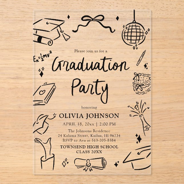 Modern Whimsical Hand Drawn Bow Graduation Party Acrylic Invitations (Front)