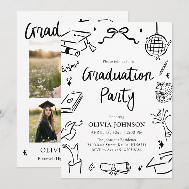 Modern Whimsical Hand Drawn Bow Graduation Party  Invitation (Front/Back)