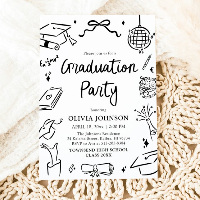 Modern Whimsical Hand Drawn Bow Graduation Party Invitation (Modern Whimsical Hand Drawn Bow Graduation Party Invitation)