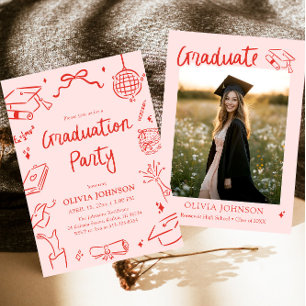 Modern Whimsical Hand Drawn Bow Graduation Party Invitation