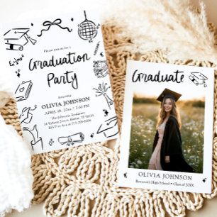Modern Whimsical Hand Drawn Bow Graduation Party Invitation