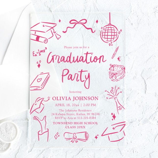 Modern Whimsical Hand Drawn Pink Graduation Party Acrylic Invitations (Modern Whimsical Hand Drawn Pink Graduation Party Acrylic Invitations)