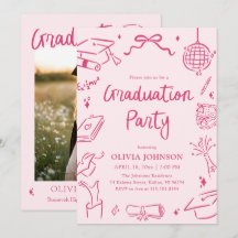Modern Whimsical Hand Drawn Pink Graduation Party