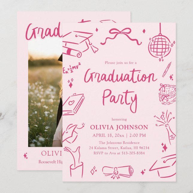 Modern Whimsical Hand Drawn Pink Graduation Party Invitation (Front/Back)