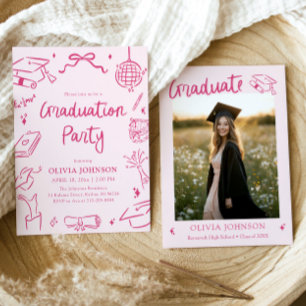 Modern Whimsical Hand Drawn Pink Graduation Party Invitation