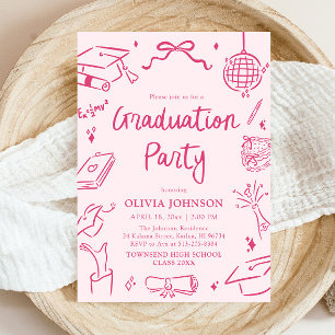 Modern Whimsical Hand Drawn Pink Graduation Party Invitation