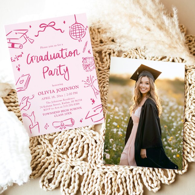 Modern Whimsical Hand Drawn Pink Graduation Party Invitation (Modern Whimsical Hand Drawn Pink Graduation Party Invitation)