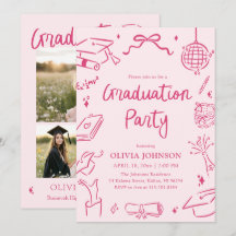 Modern Whimsical Hand Drawn Pink Graduation Party