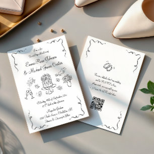 Modern Whimsical Hand Drawn QR code Wedding Invitation