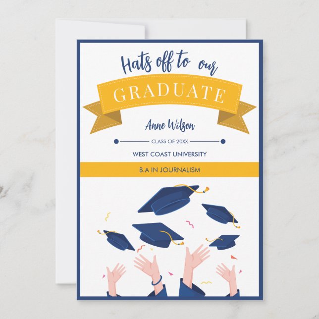 Modern Whimsical Hats Off Graduation Announcement (Front)