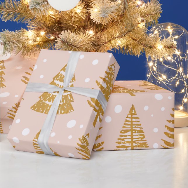 modern whimsical holidays trees gold pink pattern wrapping paper (Holidays)